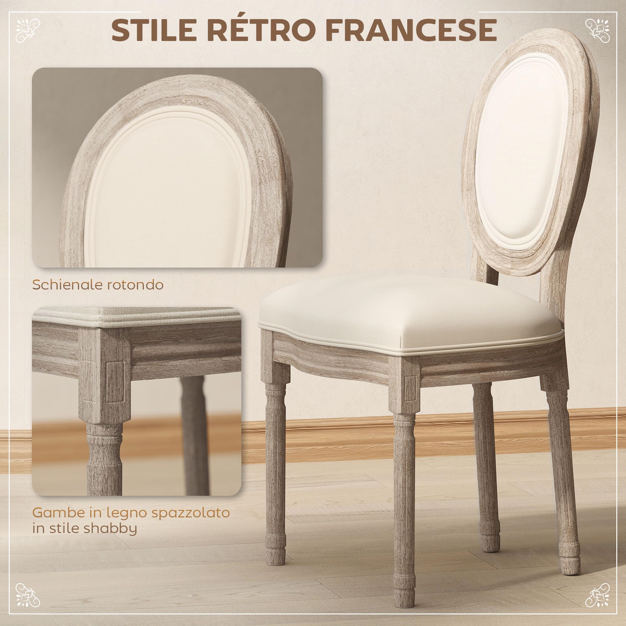 HOMCOM Set 2 Sedie Imbottite da Pranzo, Sedie per Soggiorno Stile Vintage Rétro in Legno e Tessuto Effetto Lino Bianco Panna 49x56x96cm