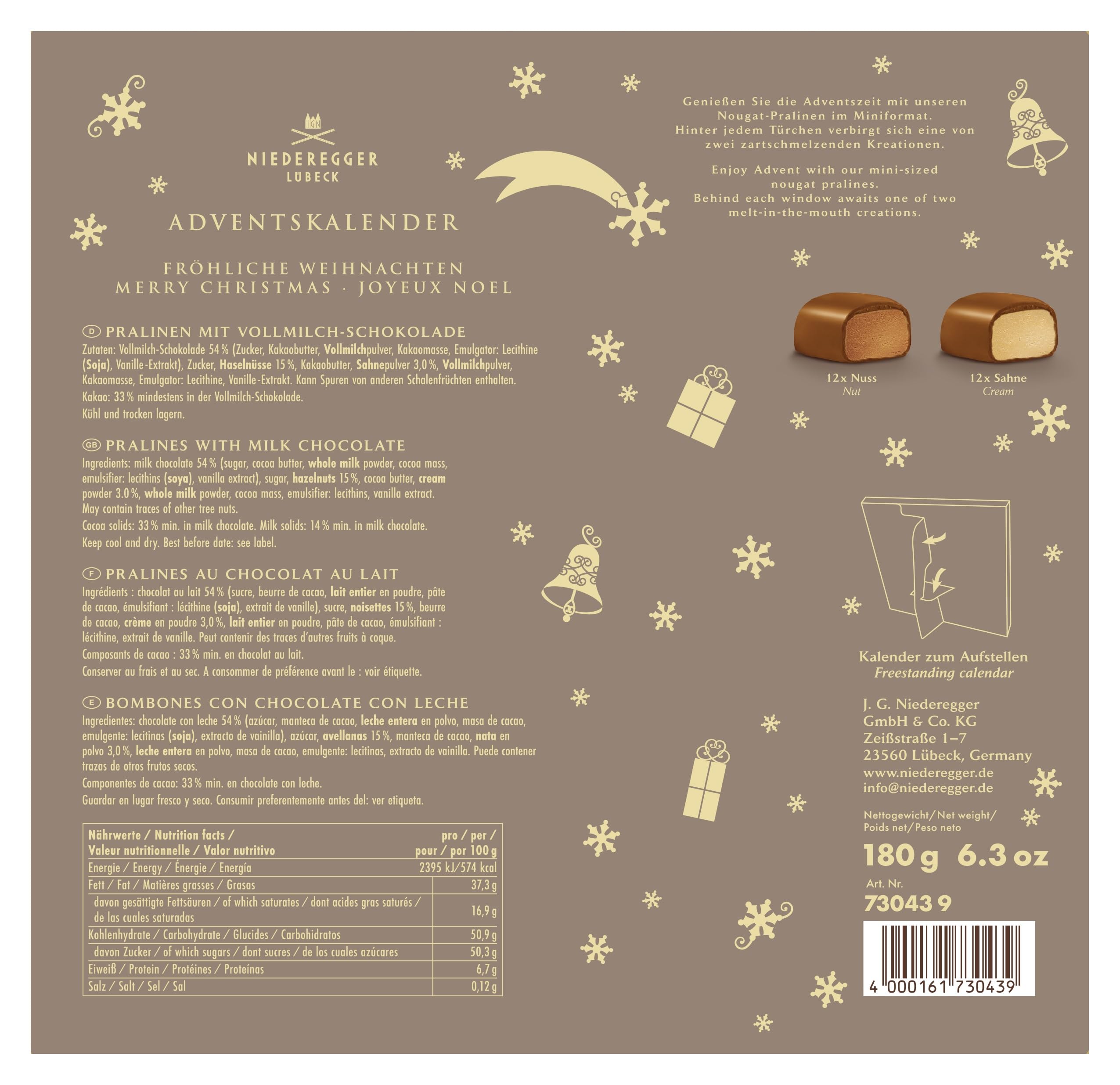 Niederegger | Mini-Adventskalender | 1x 180g | Enthält 24 Nougat-Stücke im Miniformat | Sorte Nuss & Sahne | Umhüllt von Vollmilch-Schokolade | Tischkalender Weihnachten