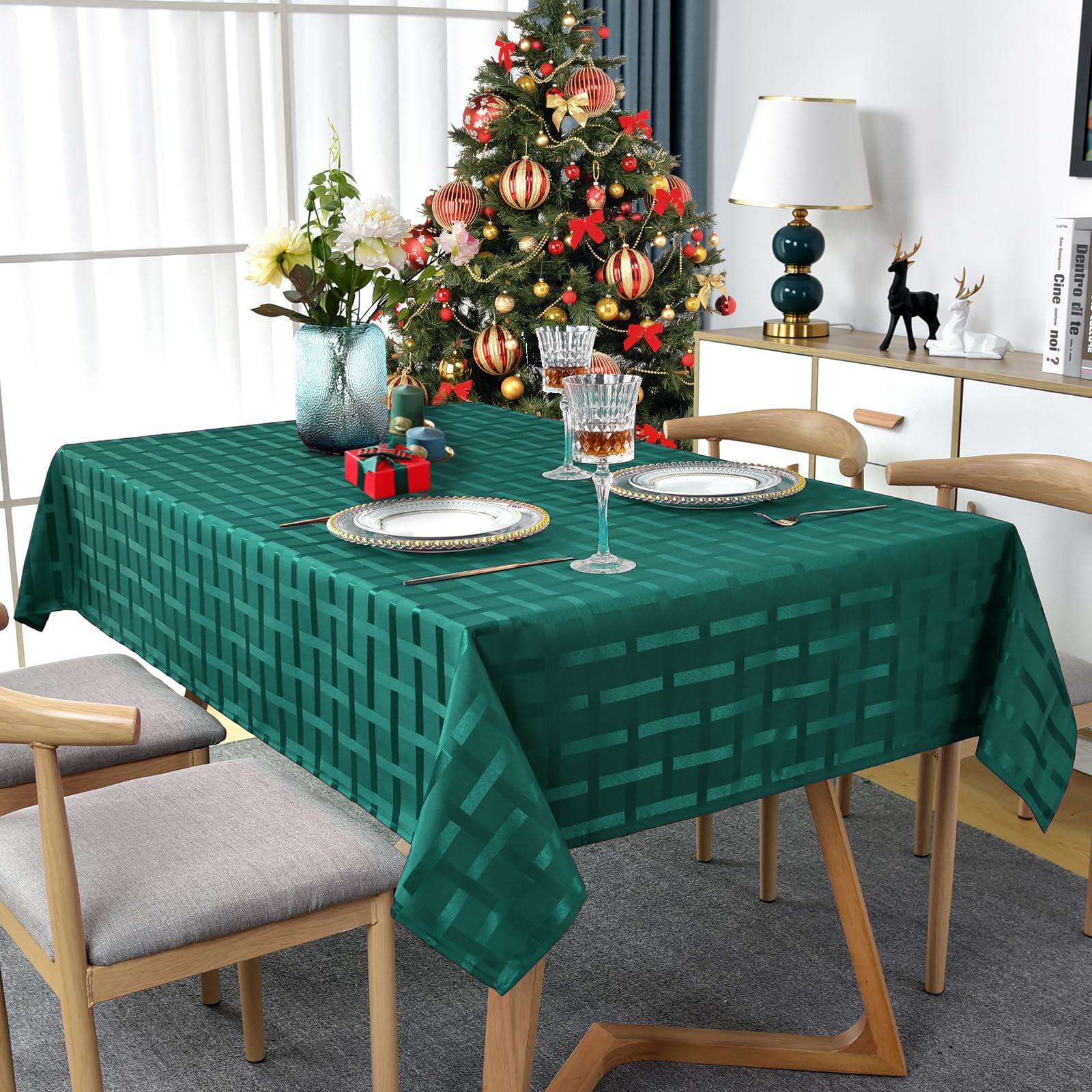 SASTYBALE Christmas Rectangle Tablecloth Spillproof Wrinkle Resistant Vintage Table Cloth Checkered Fabric Table Cover for Kitchen Banquet Party Tabletop Use (Oblong,132 x 132cm (2-4 Seats),Green) - Image 2