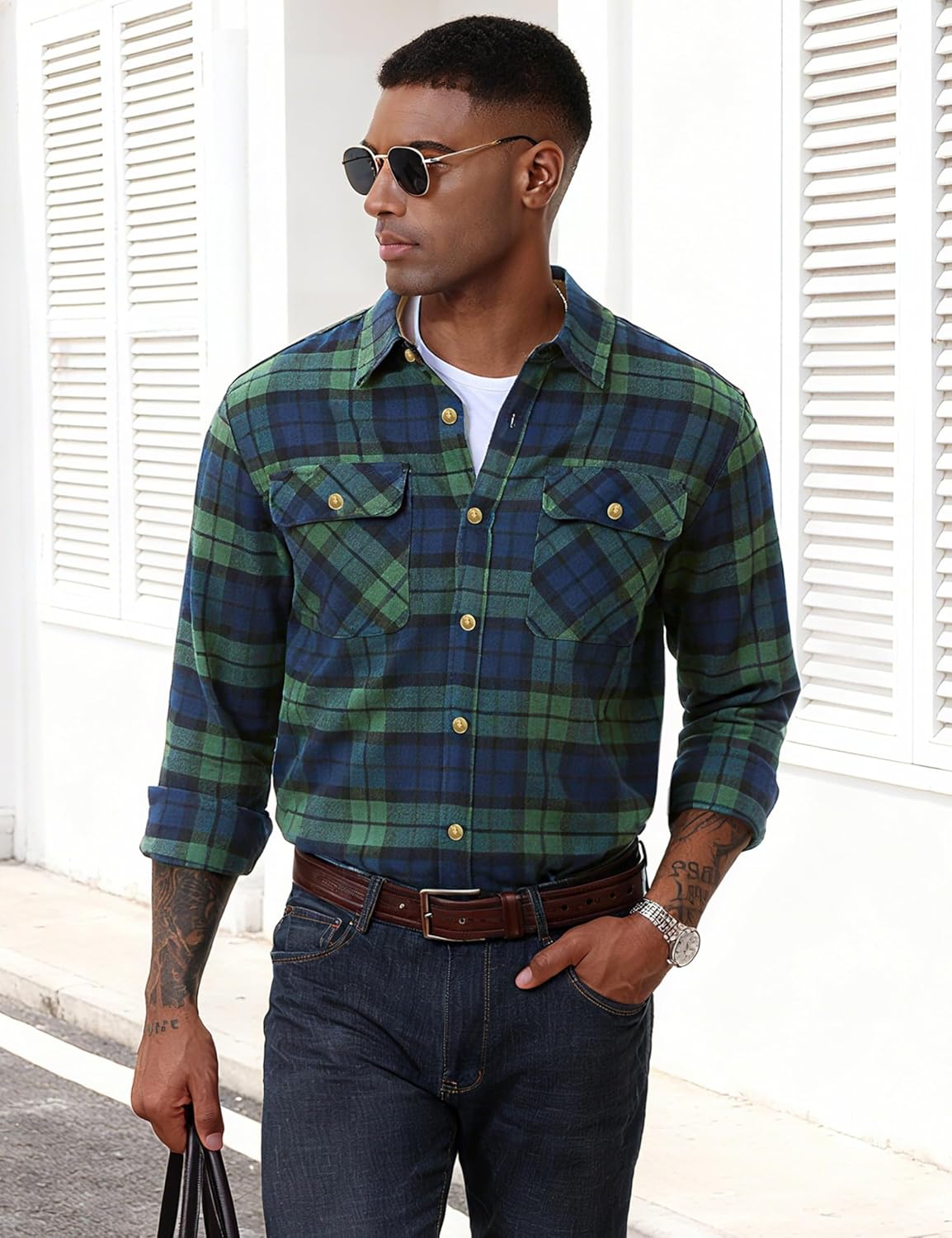 TACVASEN Men's Flannel Shirts Lightweight Cotton Button Down Long Sleeve Shirt Casual Plaid Pocket Shirts Outdoor - Image 4