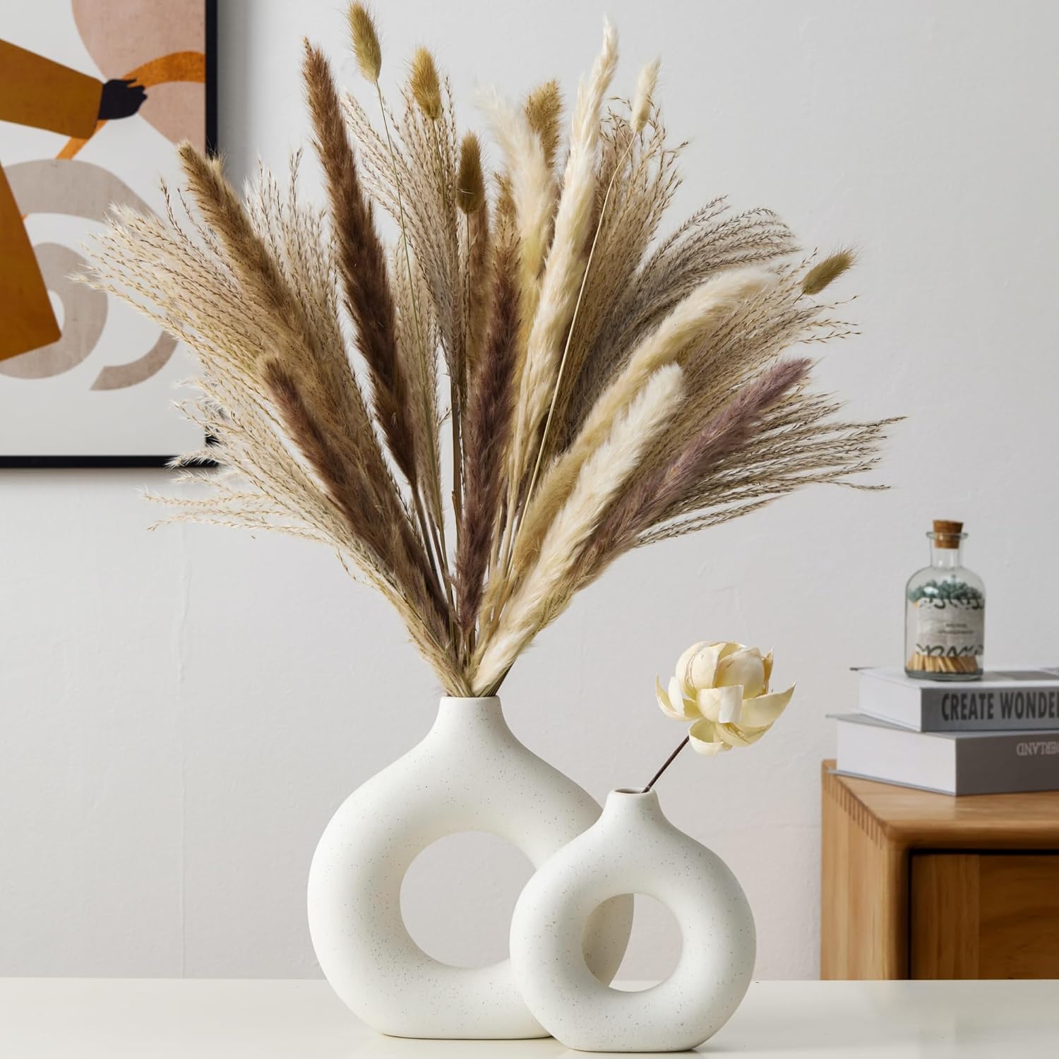 Modern Donut-Shaped Decorative Vases, Handmade Minimalist Boho ins Style, Modern Vase for Home Decor for Wedding Dinner Table Party Living Room Office Bedroom (Beige, Large + Small) Beige Large + Small