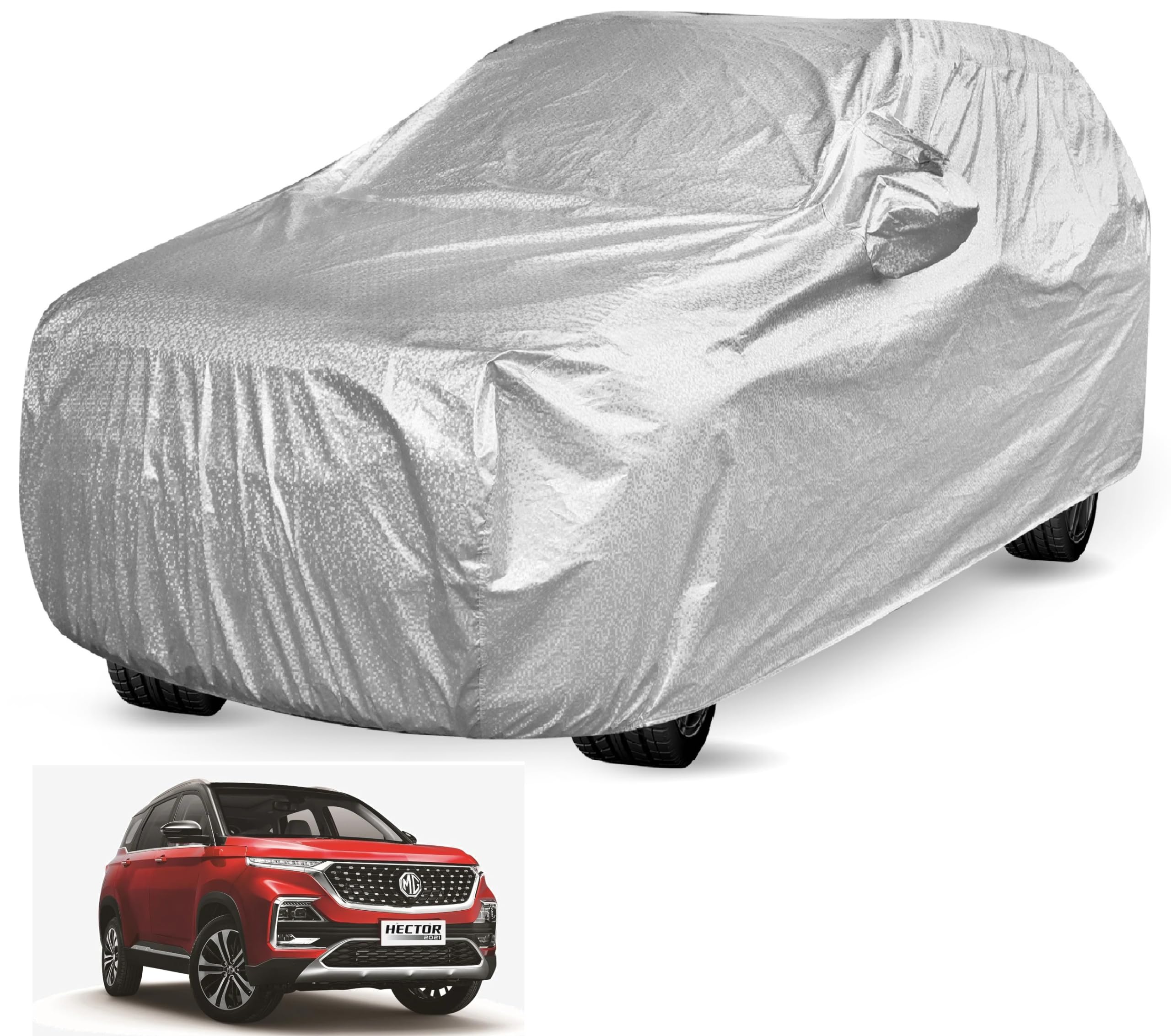Auto Hub Car Cover Compatible with MG Hector Plus with Mirror Pocket and Soft Cotton Lining,Waterproof Hector Car Cover, Metallic Silver