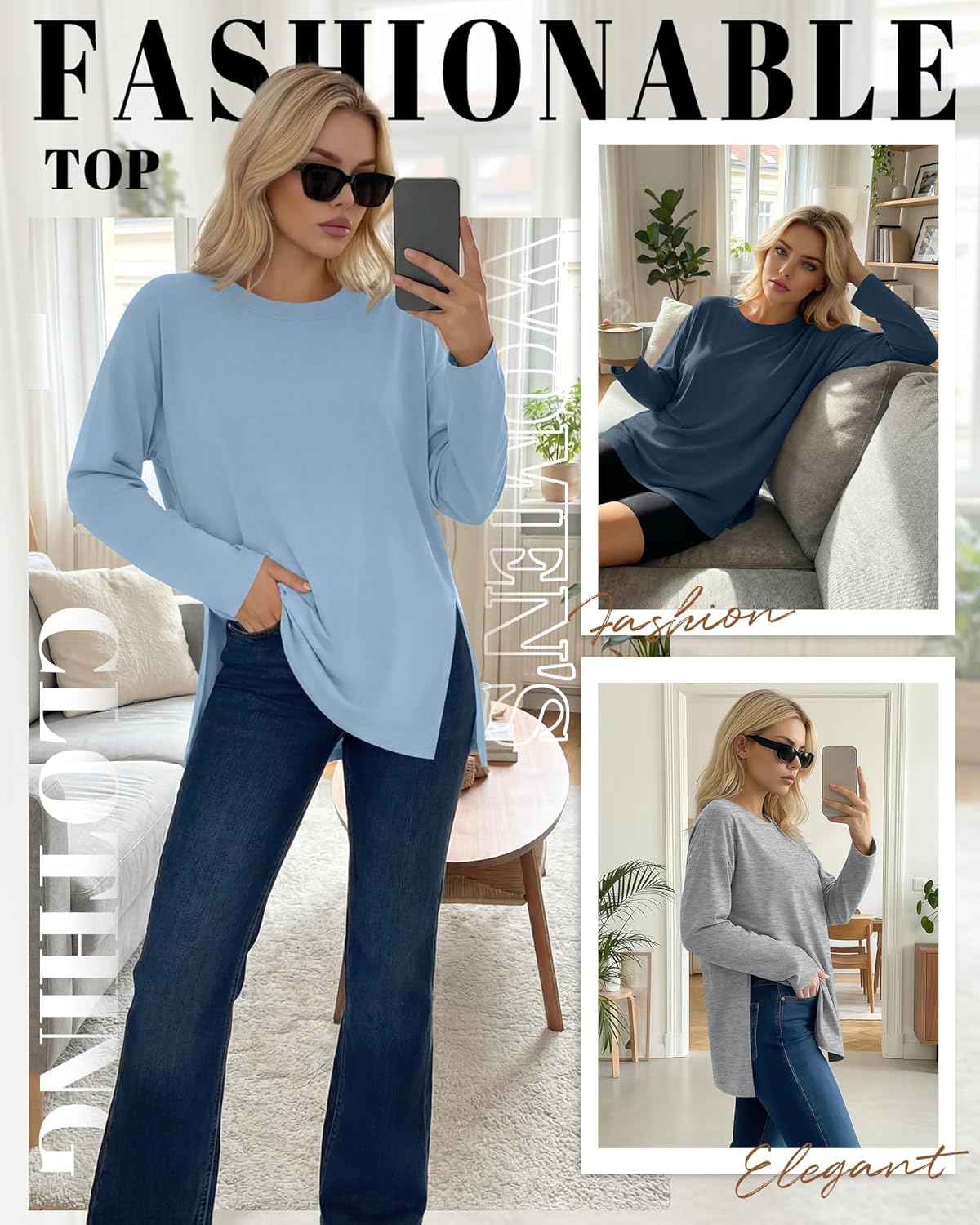 Huukeay 3 Pack Oversized Long Sleeve Shirts for Women Cotton Workout Side Split Gym Crewneck Tops Loose Basic Tee Winter - Image 2