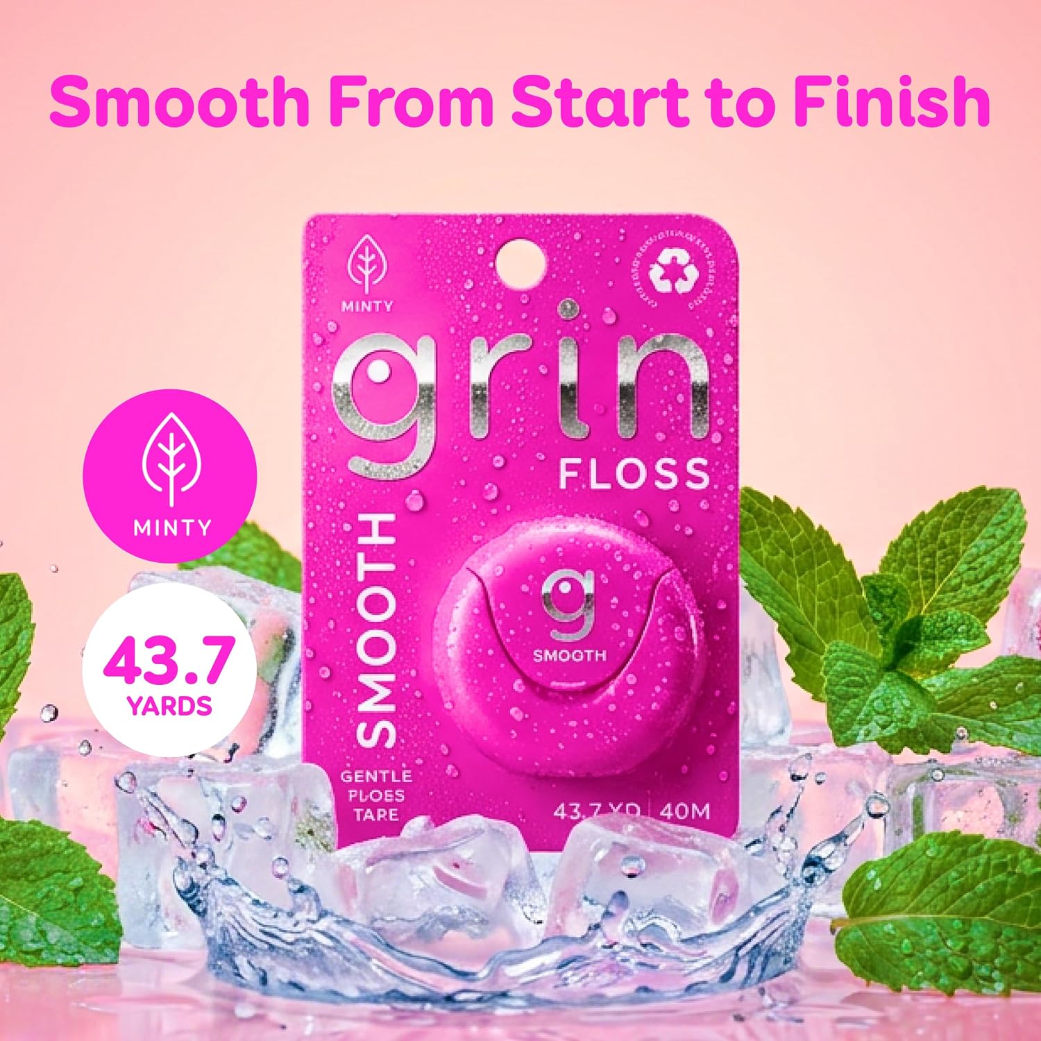 GRIN Smooth Dental Floss Tape – 43.7 Yards | Gentle Floss Tape | Minty | Strong, Shred-Resistant | Compact Dispenser Made with Recycled Plastic (Pack of 2)