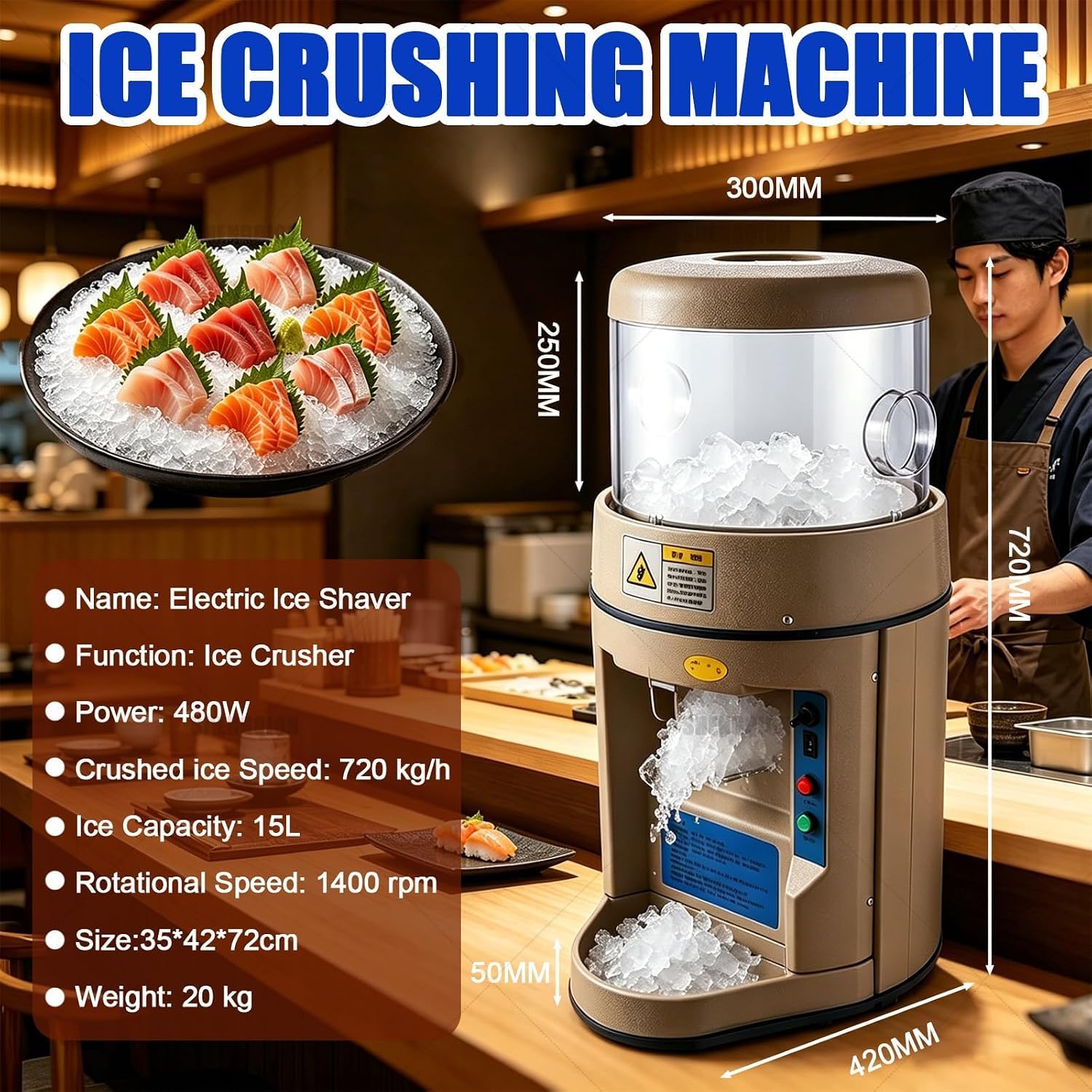 Broyeur à glace électrique 480 W avec seau de 15 l, à granita anti-bourrage à inversion automatique, texture ajustable centres commerciaux et événements en plein air.