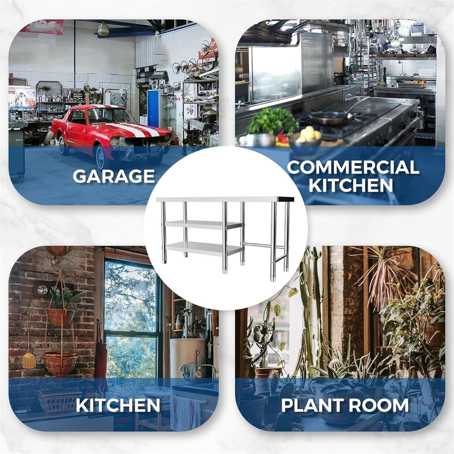 Stainless Steel Workbench Three-Tier Storage Commercial Kitchen Work Table Adjustable Feet Triangular 3D Fixed Supports 200kg Load Ability Height-Adjustable Shelves Suitable for Hotels