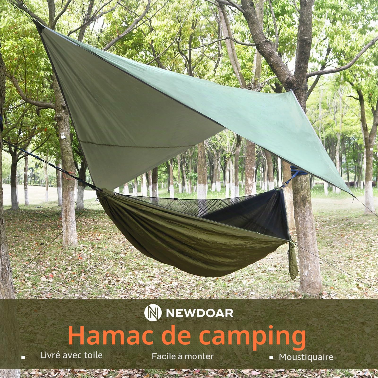 NewDoar Hamac de camping avec moustiquaire et bâche anti-pluie, ensemble de parachute portable en nylon avec sangles d'arbre, lit balançoire pour randonnée, randonnée (vert militaire)