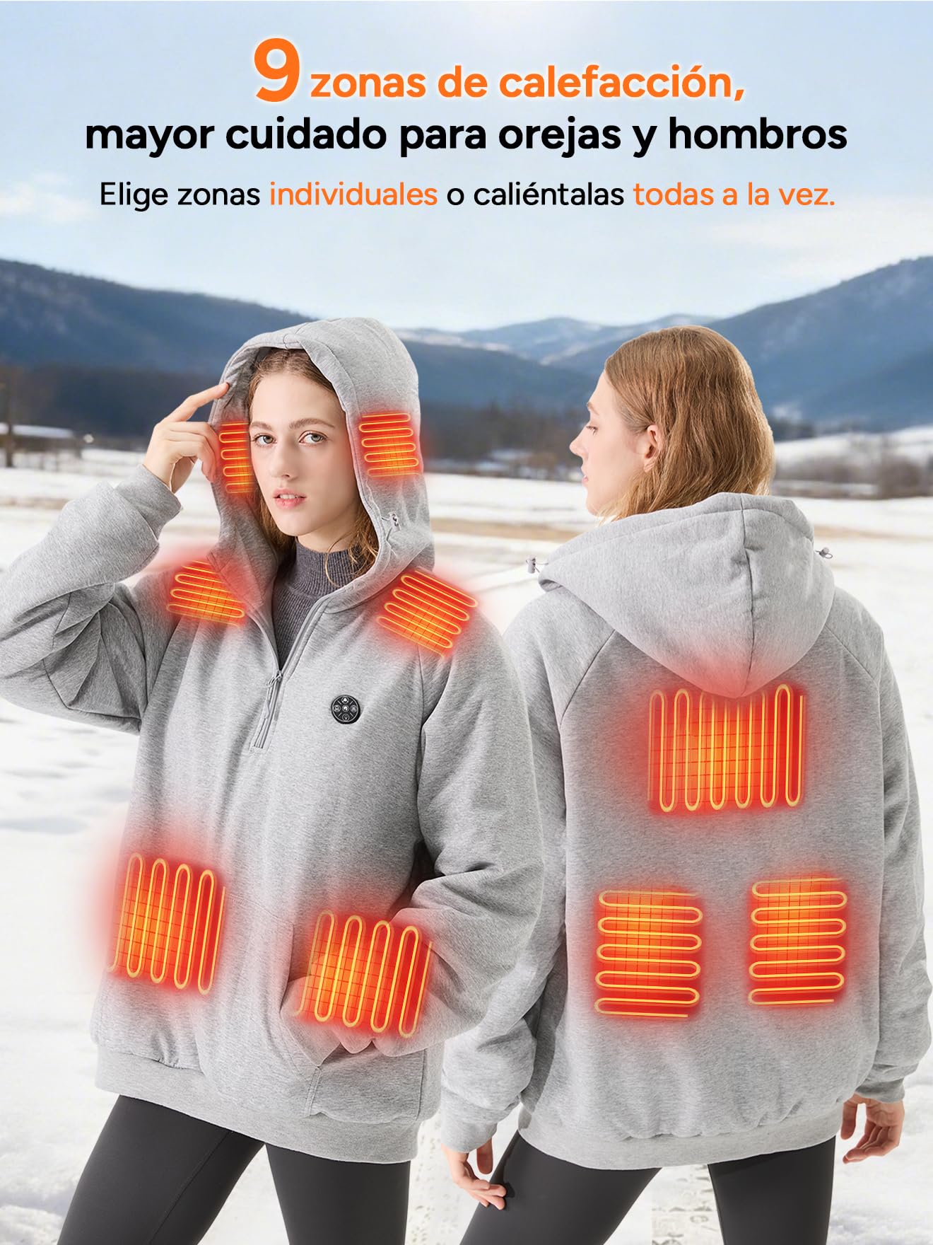 DR.PREPARE Sudadera con Capucha Calefactable Hombre y Mujer 9 Zonas de Calor Batería 16,000 mAh 3 Niveles de Calefacción Hasta 8H de Autonomía Chaleco Calefactable Forro Polar Para Exteriores