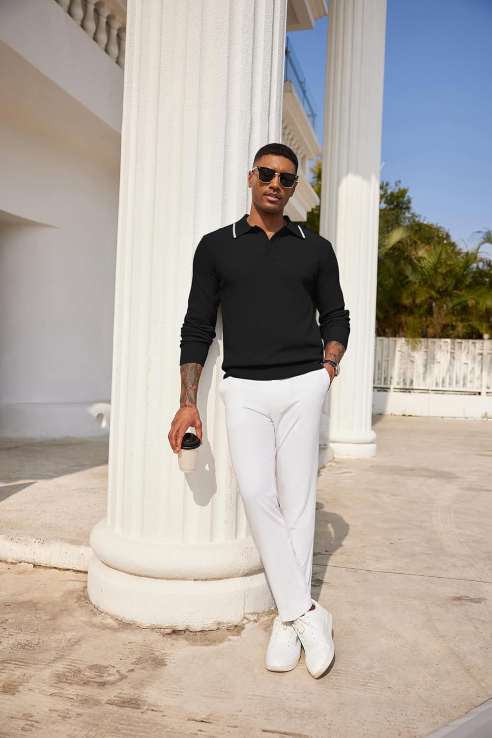 COOFANDY Mens Knit Polo Shirts Long Sleeve Casual Polo Sweaters Shirt Waffle Textured Collared Sweater - Image 3