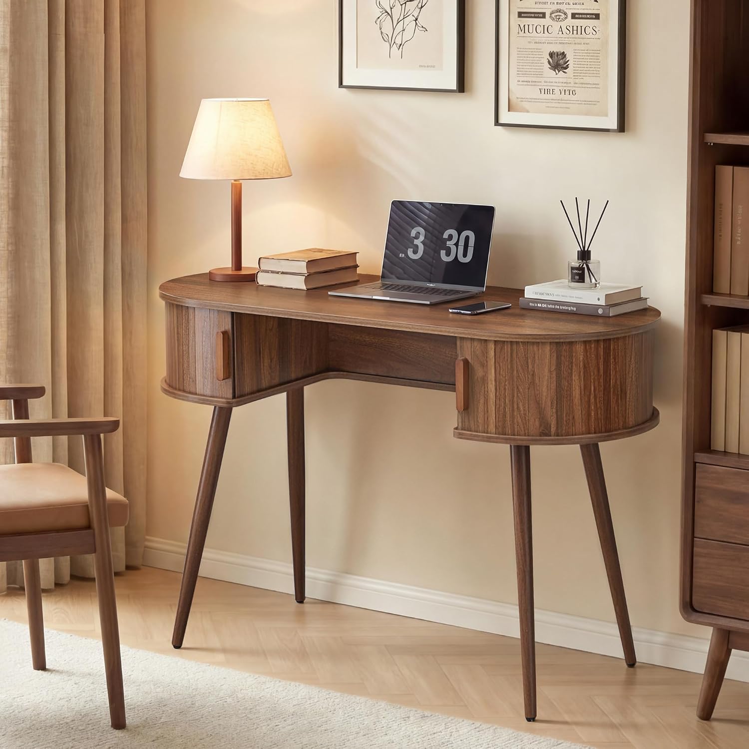 AVZEAR 43" Oval Fluted Home Office Desk, Small Computer Desk Mid Century Modern Vanity Table with Sliding Tambour Door, Wooden Writing Study Desk for Small Spaces, Bedroom, Office(Wlanut)