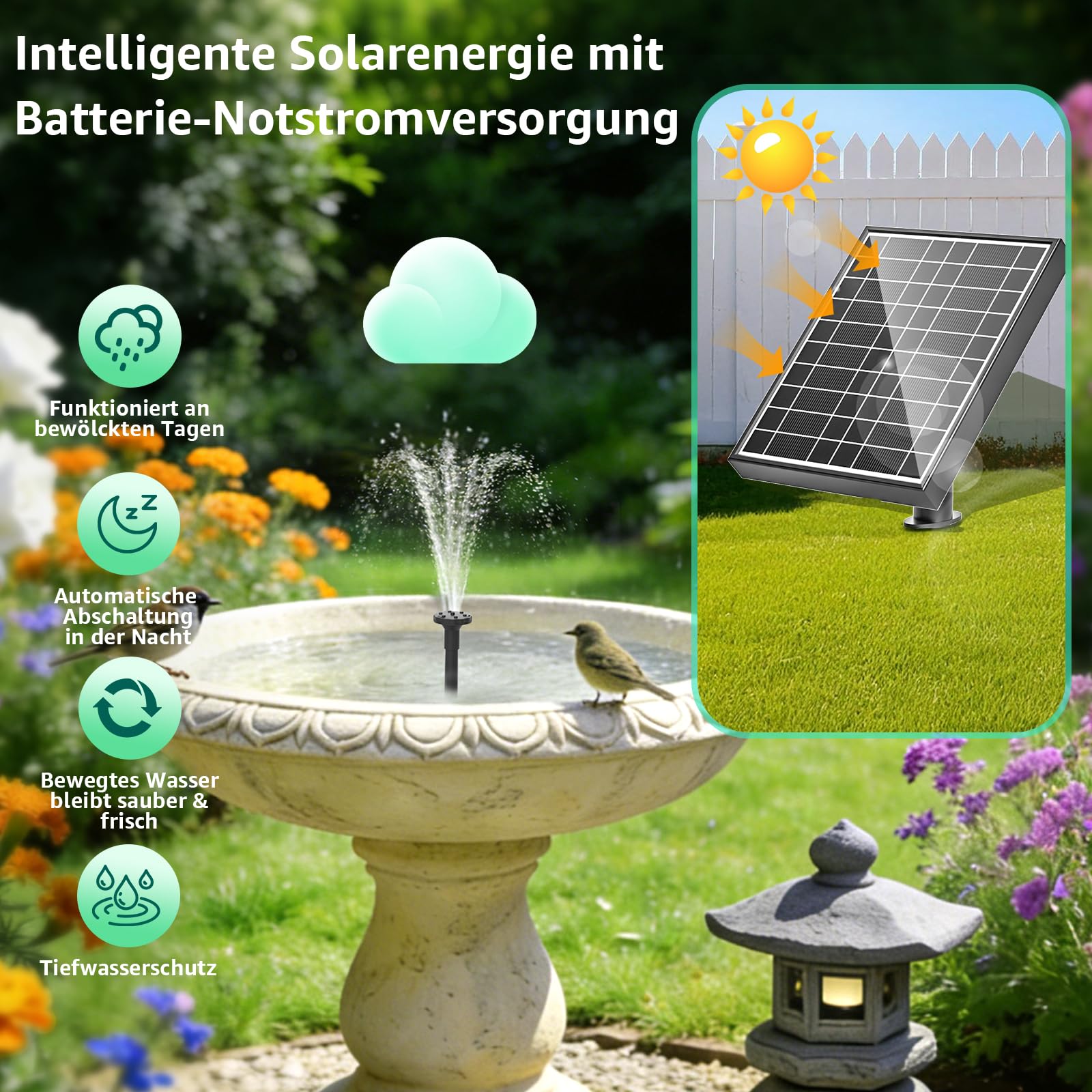 Solarbrunnenpumpe mit Akku 8.5W 3200mAh Doppelschichtdüsen 7 Sprühmodi 1.5m PVC-Schlauch Teichbrunnen