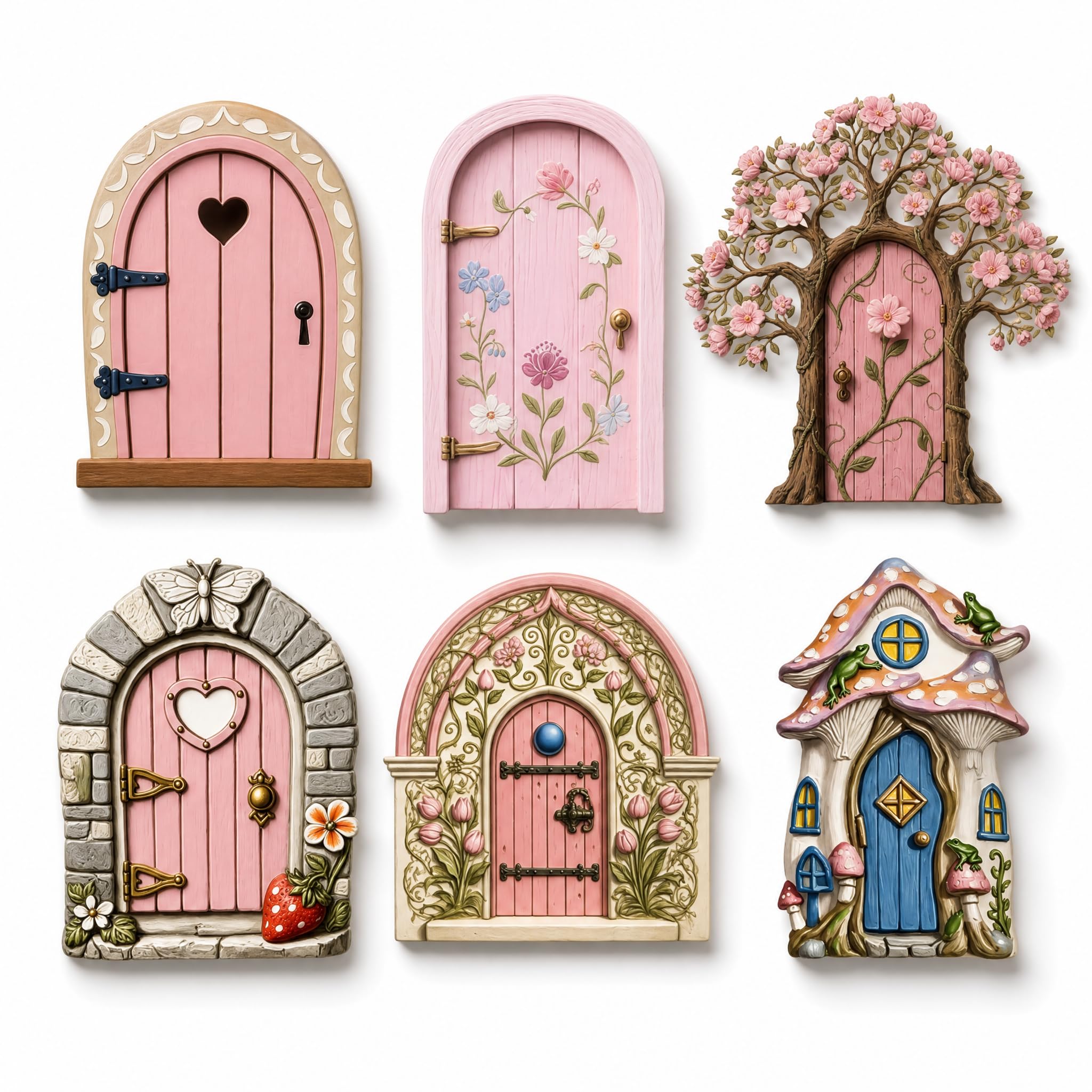 Waoferfio 6 PCS Fairy Doors, Enchanting Fairy Garden Accessories Set with Pink Fairy Houses for Garden Decor, Whimsical Fairy Ornaments for Outdoor Magic Tree Displays