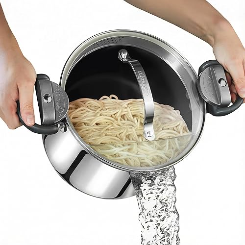 GOTHAM STEEL Olla de Caldo de Acero Inoxidable de 8 Qt Olla Multiusos para Pasta con Tapa Coladora y Asas de Giro y Bloqueo, para Sopa, Espaguetis,