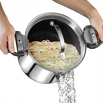 GOTHAM STEEL 8 Qt Stainless Steel Stock Pot Multipurpose Pasta Pot with Strainer Lid & Twist and Lock Handles, for Soup, Spaghetti, Rice, Induction Ready, Dishwasher Safe