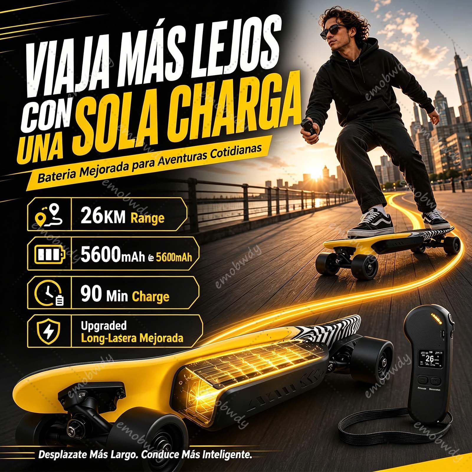 Longboard EléCtrico Premium Todoterreno, Patineta EléCtrica para Adultos-26Km De AutonomíA,24km/H,Control 4 Velocidades,Frenado Estable Y Ruedas PU De Alto Rendimiento,Carga hasta 150kg