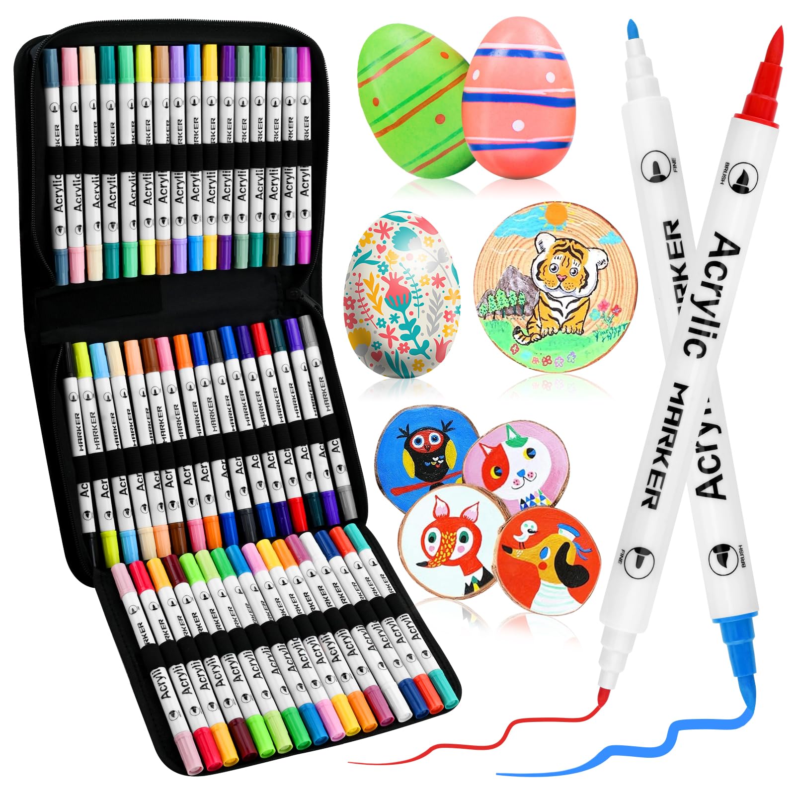 48 Colors Acrylic Paint Pens, Dual Tip Paint Markers Brush & Fine Tip, Art Paint Marker Pens for Colouring, Quick-Drying Waterproof Acrylic Markers for Painting, Stone, Wood, Pebble, DIY Crafts