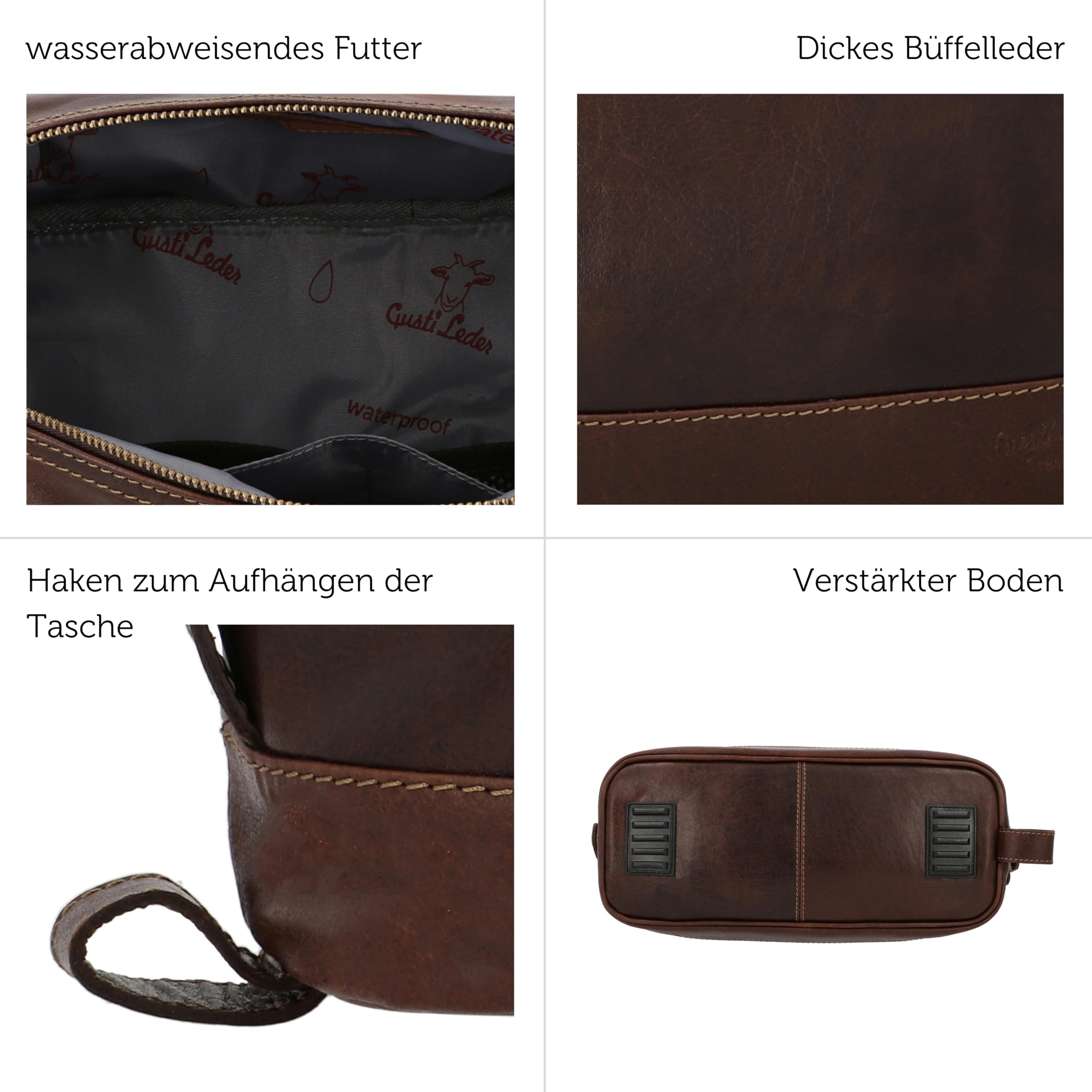 Gusti Waschtasche Leder - Anika Kulturtasche Kulturbeutel Kosmetiktasche Ledertasche groß für Damen Herren Braun Leder