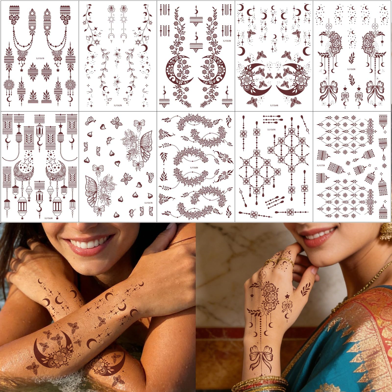 Temporary Tattoos Stickers, 10 Sheets Brown Henna Fake Tattoo Moon Flower Butterfly Body Art Stickers for Women Wedding Party