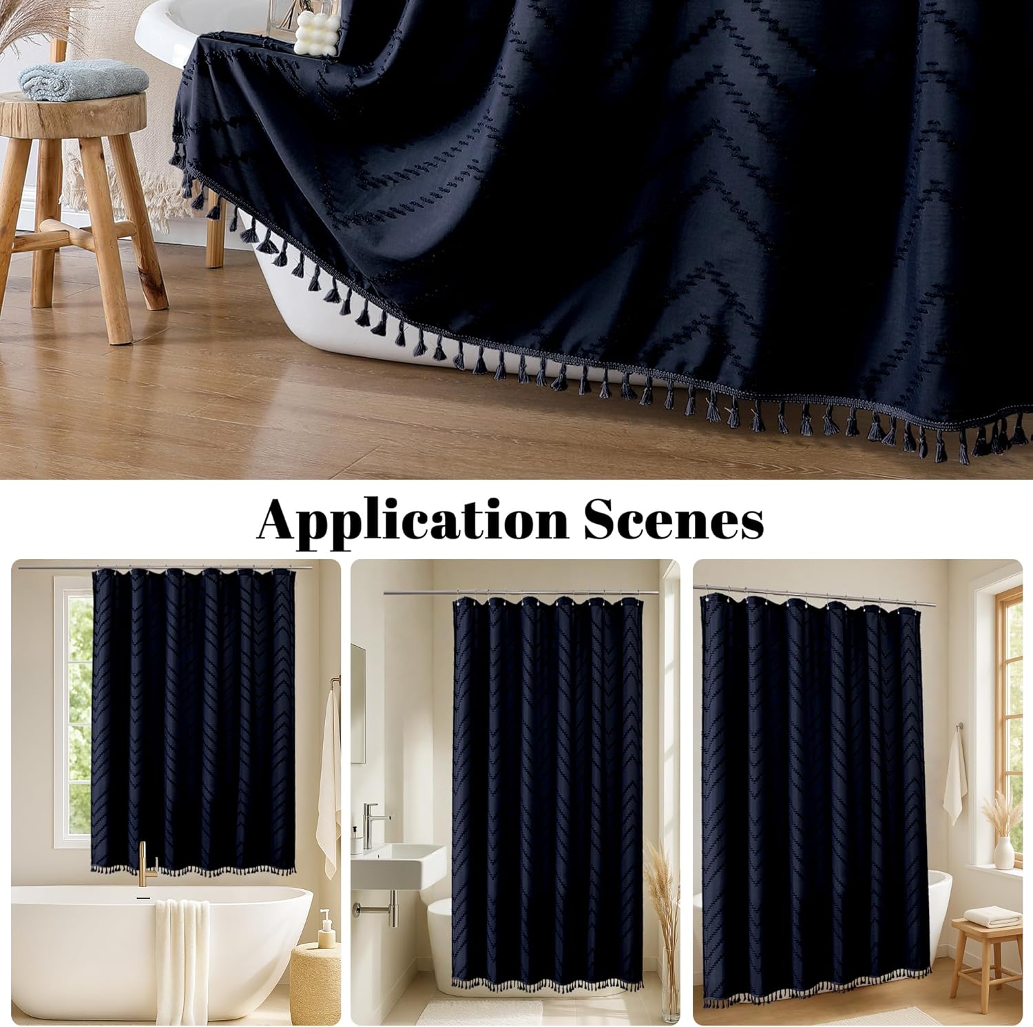 OWENIE Extra Long Navy Blue Boho Shower Curtain, Chic Tufted Chevron Striped Textured Cloth Fabric Shower Curtains with Tassel for Bathroom, Soft Hotel Style Farmhouse, Machine Washable, 72x96
