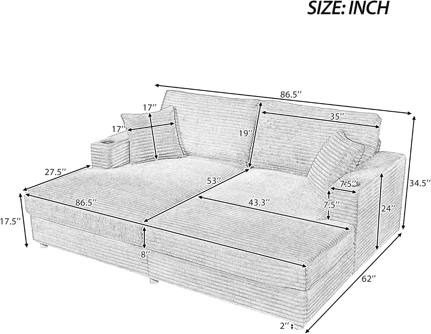 P PURLOVE Oversized Loveseat, Chaise Lounge Sectional Sofa Bed, Corduroy Sleeper Sofa with 2 USB Ports, 2 Cup Holders and 2 Throw Pillows for Living Room, Apartment (Dark Gray)