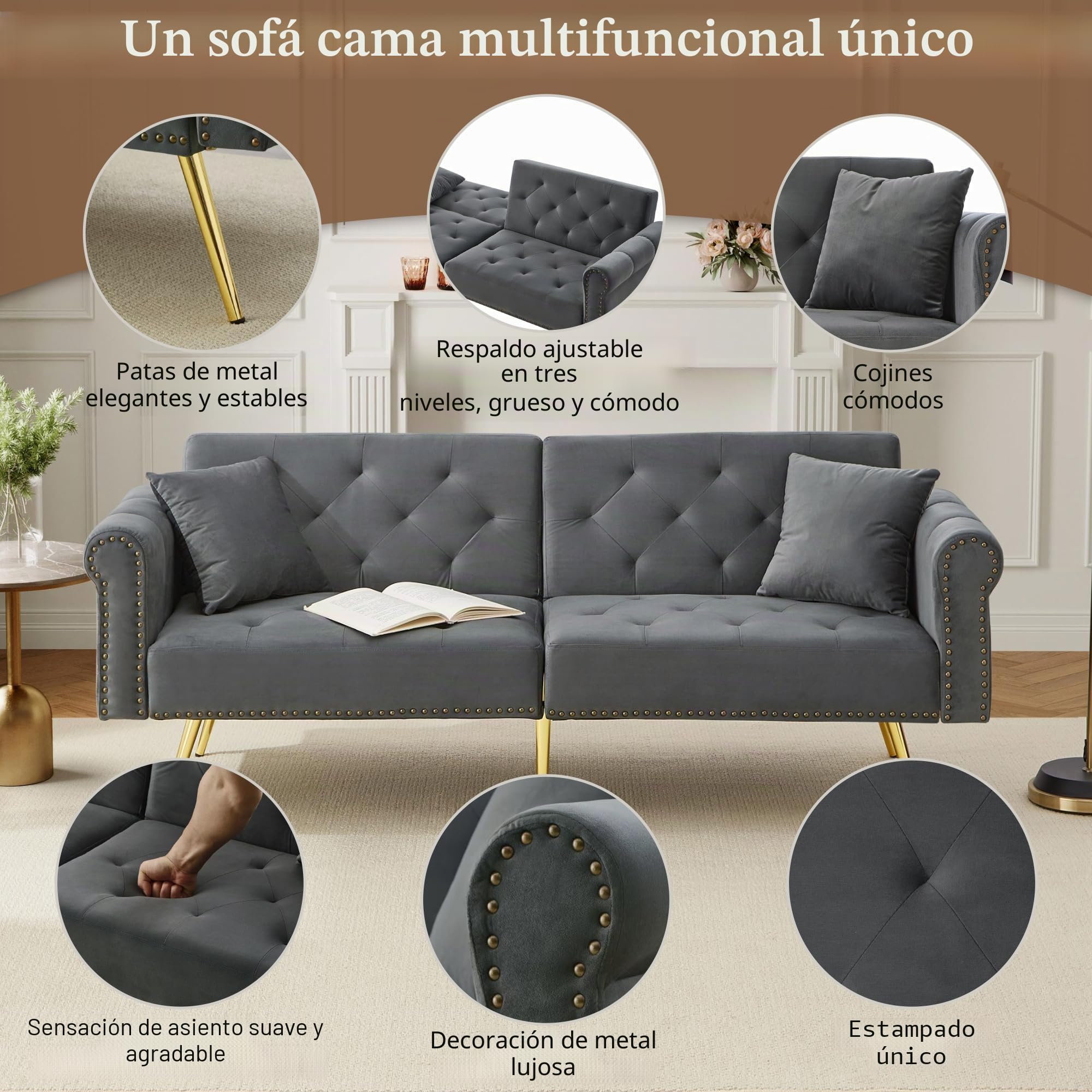 Sofá cama moderno de 2 plazas, funda de terciopelo, respaldo ajustable en 3 niveles, patas doradas, elegante dormitorio, ahorra espacio, resistente (gris)