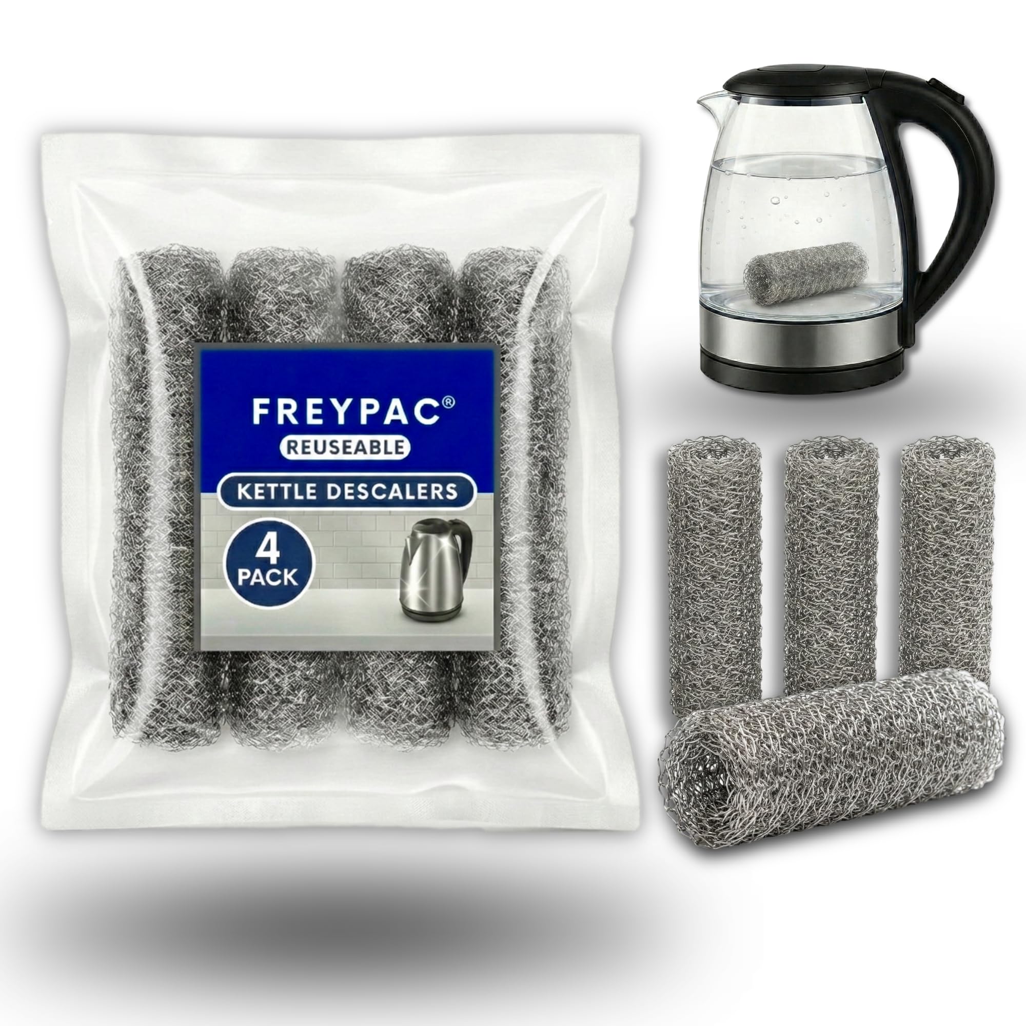 FreyPac Kettle Descaler Balls, Reusable Limescale Remover, Stainless Steel, 4 Pack, Wire Ball for Cleaning Kettles — image 1