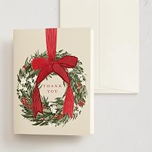 Minted Holiday Thank You Cards with Envelopes 10 Pack Big Bow Christmas Wreath Design, Red Foil Accents, Blank Inside, Holiday Greeting Note Cards Set for Friends, Neighbors, Family, Business