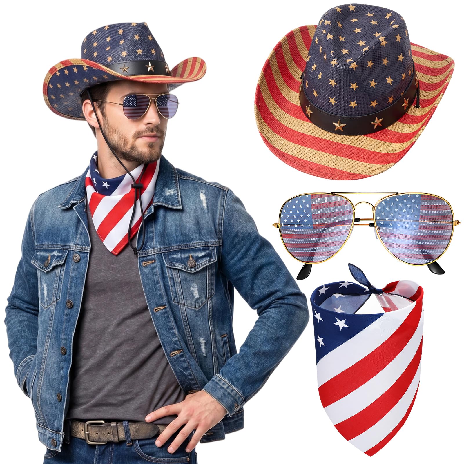 3 Pcs American Flag Cowboy Hat with Bandana Glasses and Strap