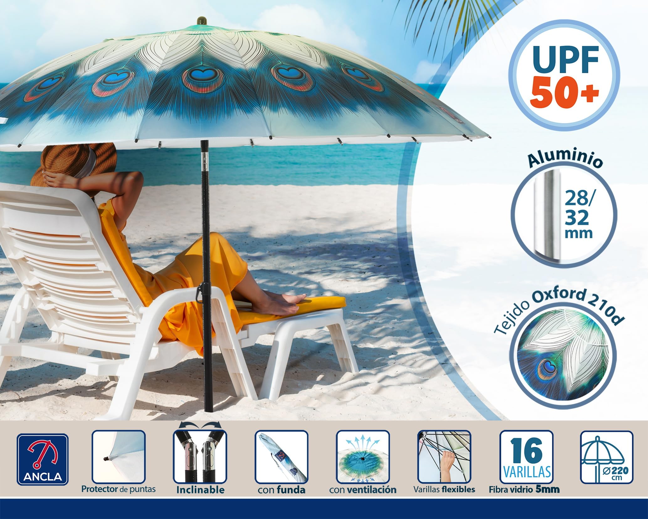 Atosa Sombrilla de Playa Ø desde 180 a 240 cm de Aluminio Modelo Pavo REal con Bolsa de Transporte y con Protección Solar UPF 50+ En Verde o Azul