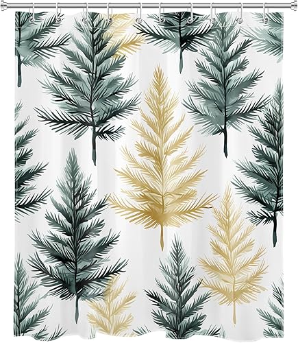 Miniatura 9 de Cortina de ducha de pino verde y dorado para baño, cortina de ducha moderna abstracta de árboles de Navidad sobre blanco con 12 ganchos, cortinas