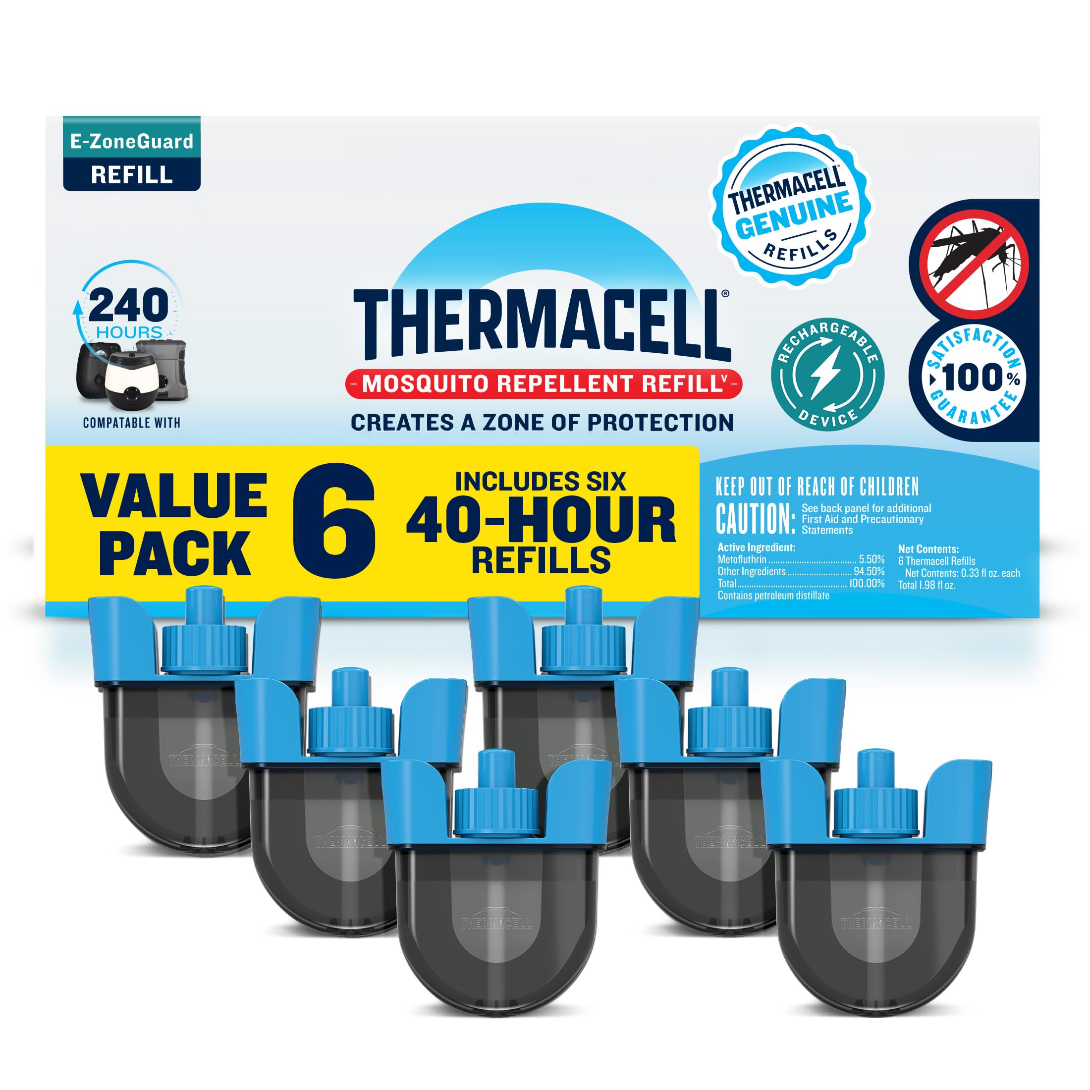 Thermacell E-ZoneGuard Mosquito Repellent Refill, 240-Hr Value Pack | 20-FT Zone; 6x 40Hr Refill Cartidges; Rechargeable; Outdoor Patio Shield; Bug Spray Alternative; Scent Free; DEET-Free