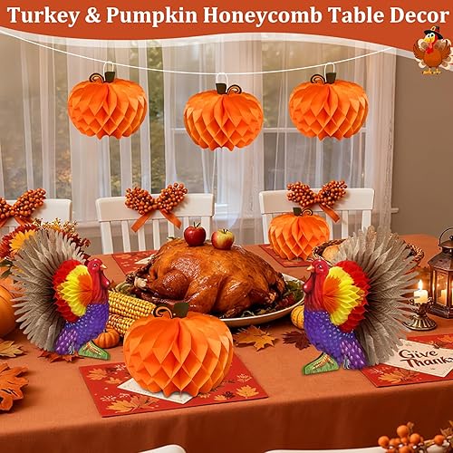 Miniatura 5 de Paquete de 6 centros de mesa de Acción de Gracias, centros de mesa de papel de pavo y calabaza de panal para mesas, centro de mesa de otoño,