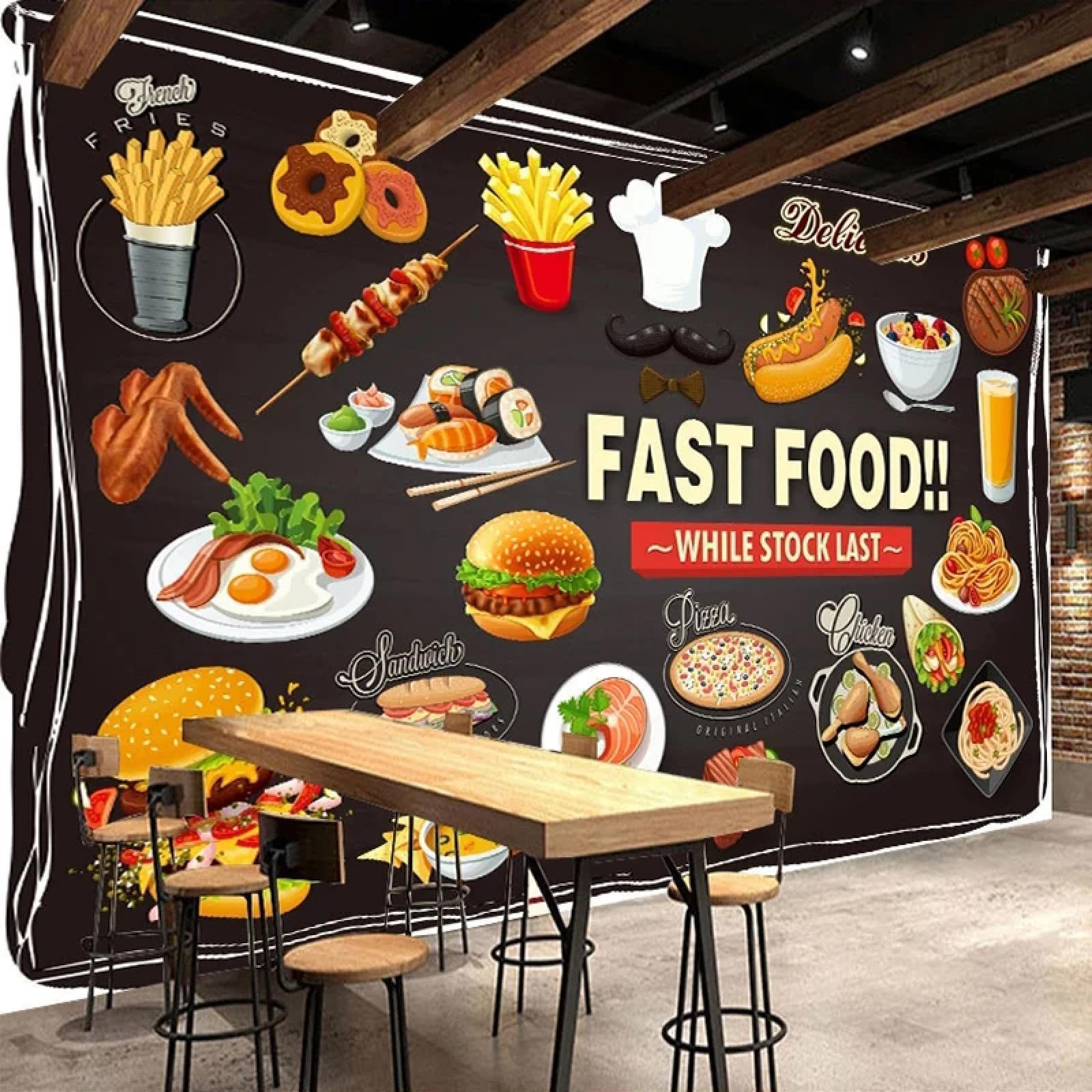 Papier peint 3D relief salon lavable et décoration burger