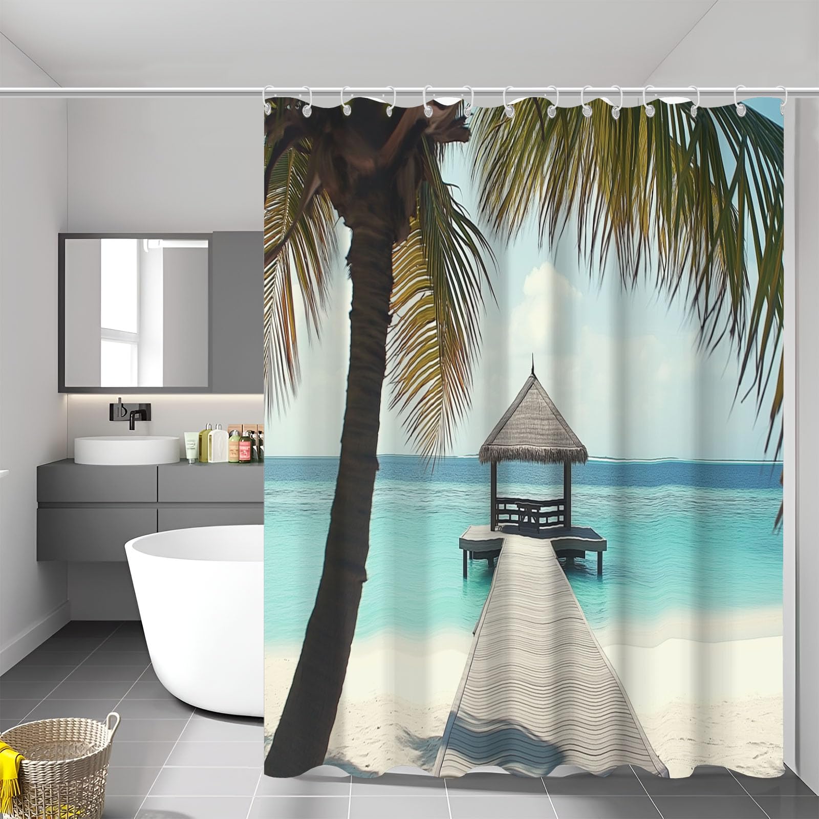 Rideau de douche 180x200 cm en polyester lavable motif plage exotique avec 12 crochets
