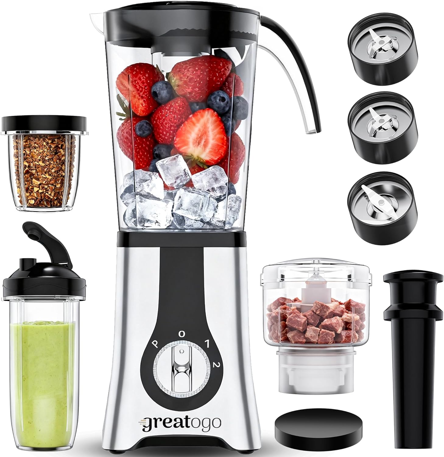 Smoothie Blender Food Processor Combo, 13 Piece All-in-One Kitchen System with Grinder Meat Chopper, 4 in 1with 4 BPA-Free Cups(10oz-42oz) Shakes,Baby Food,Blending,Dishwasher Safe,Ideal Gift