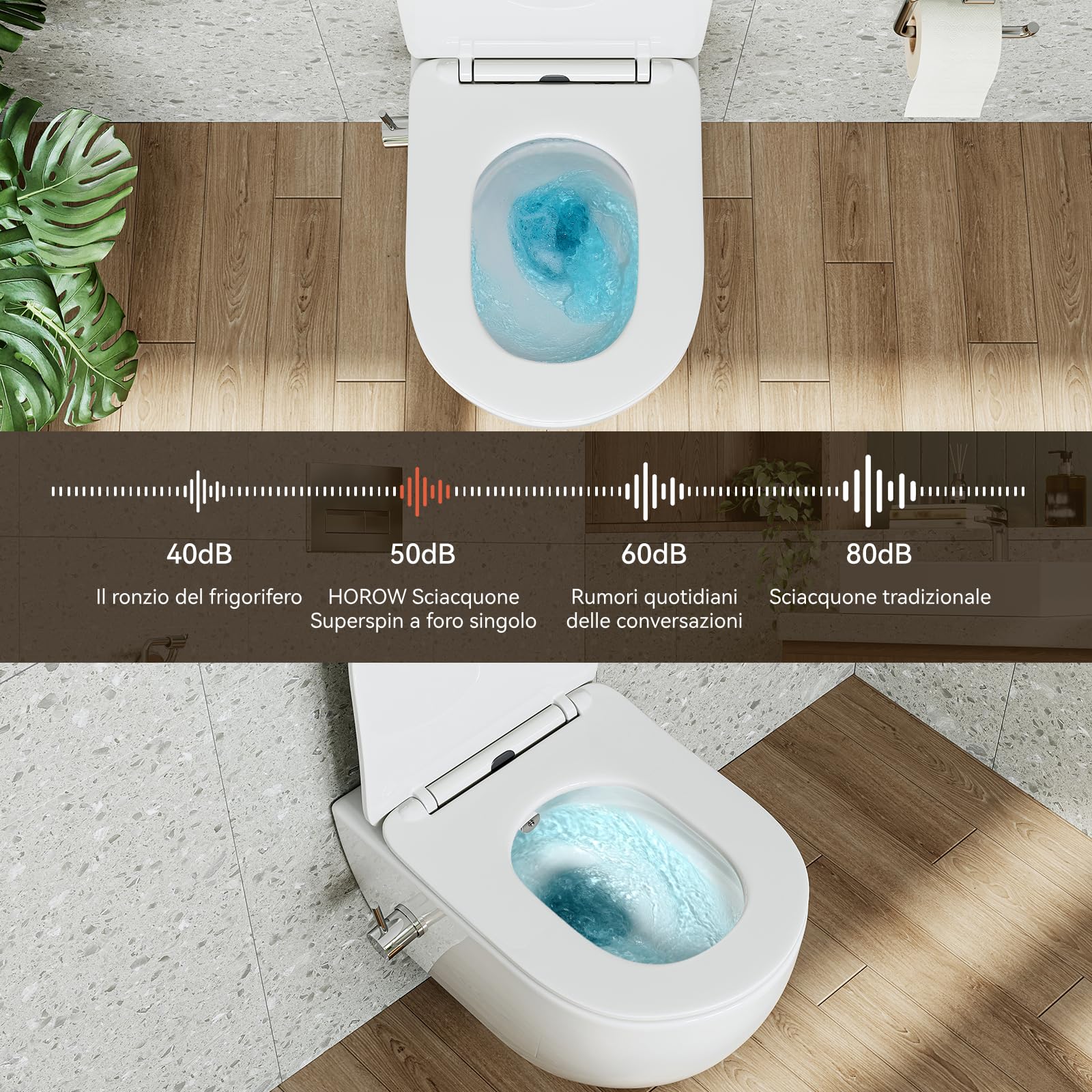 HOROW WC con ugello integrato, WC sospeso con funzione bidet, Taharet WC con rivestimento nano-rivestimento, WC con rubinetto, sedile WC con abbassamento automatico, acqua fredda, 53 x 36 x 35 cm