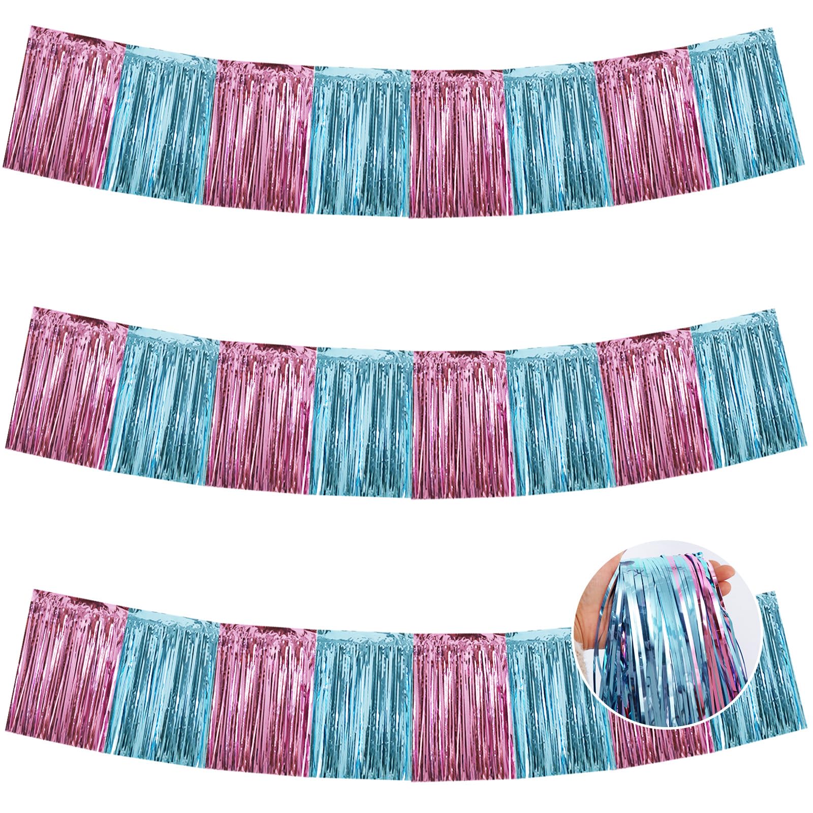 BEISHIDA Pink Blue Fringe Garland Banner 30ft Wall Tinsel Foil Streamers