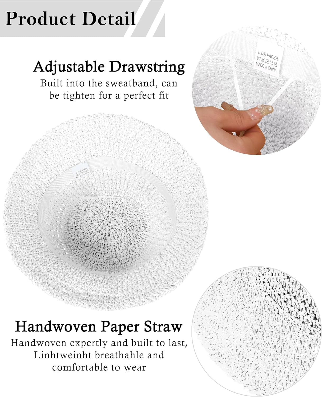 Womens Sun Hat Handmade Straw Bucket UV Protection Wide Brim Packable Travel Summer Cap for Beach UPF 50+ - Image 4