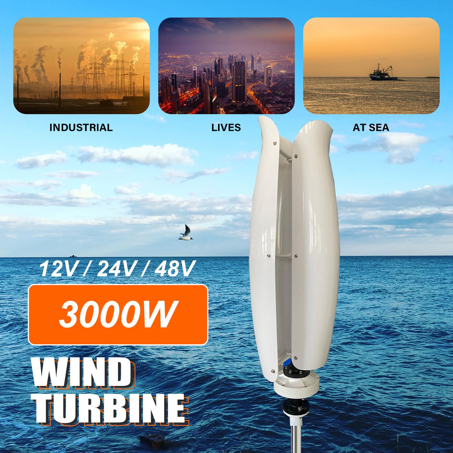 3KW Windkraftanlage Generator Windkraftanlagen 12V / 24V / 48V Vertikale Windgenerator Mit MPPT-Controller Und 2 Glasfaserflügeln, Dreiphasiger Magnetschwebebahngenerator,Weiß,3000W48V