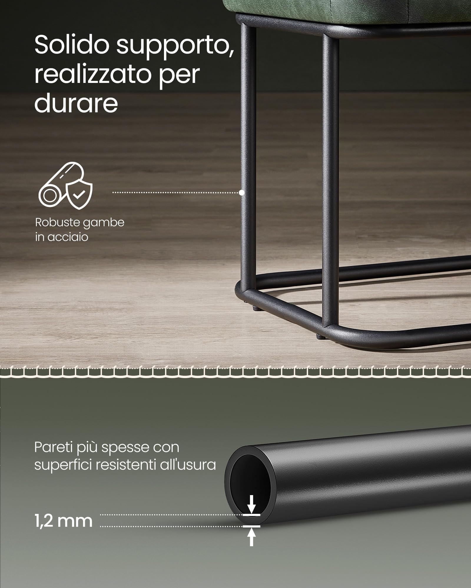 VASAGLE EKHO Collezione - Panca da Ingresso Camera da Letto, PU con Cuciture, Struttura in Acciaio, Soggiorno Sala da Pranzo, Moderno di Metà Secolo, Portata di 300 kg, Verde Foresta LOM073C01