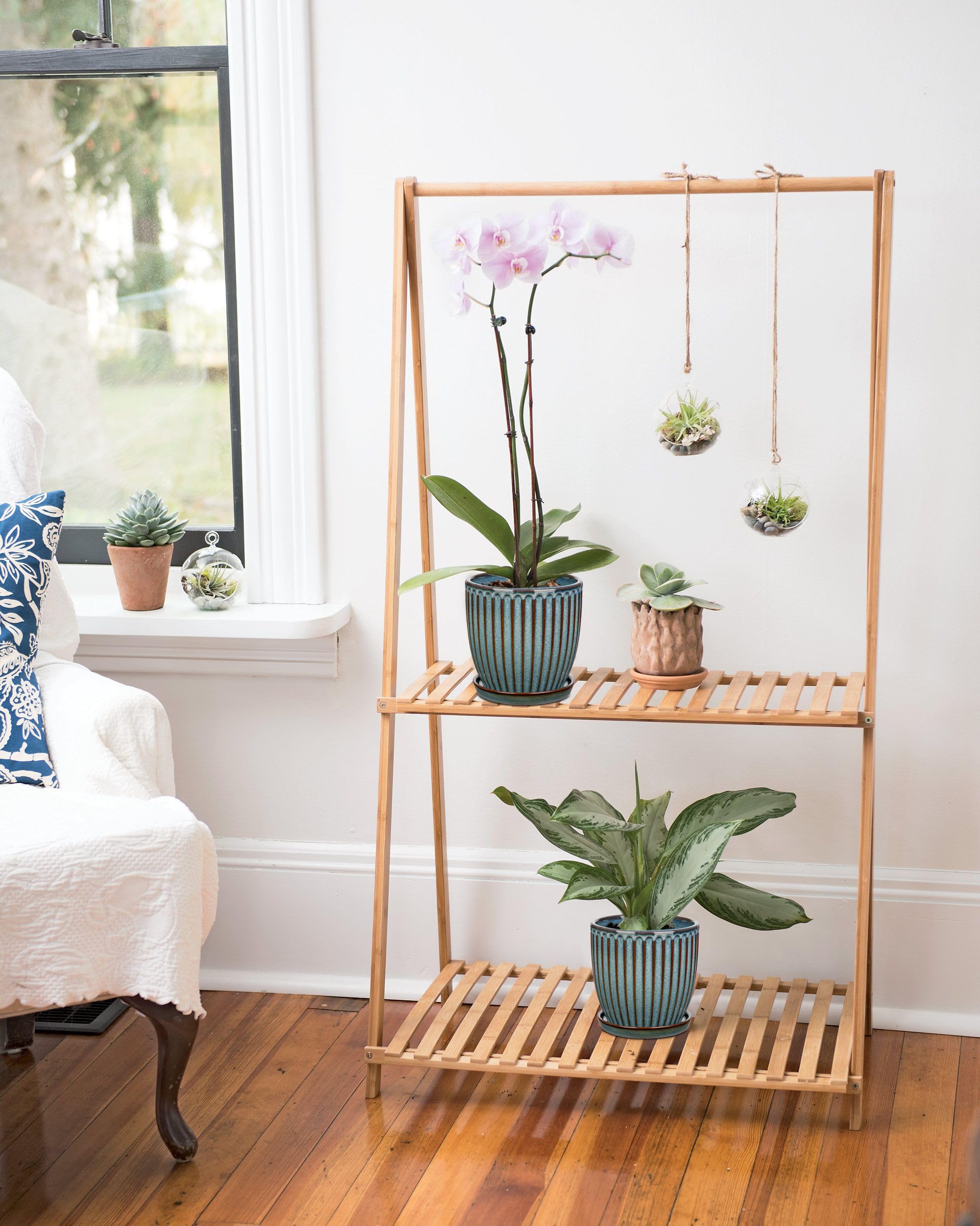 Oairse Juego de 2 Macetas de Cerámica para Plantas 13CM 15CM Maceta de Cerámica Azul con Agujeros de Drenaje y Platillos Macetas Decorativas a Rayas para Interiores Macetas Modernas para Flores para