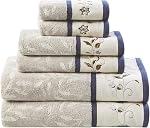 Madison Park Serene 100% Cotton Bath Towel Set Luxurious Floral Decorative Towels for Bathroom Embroidered Cotton Jacquard Design Soft Highly Absorbent for Shower 600 GSM, Multi-Sizes, Green 6 Piece