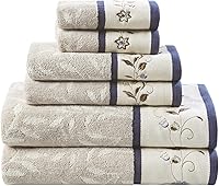 Madison Park Serene Navy 6-Piece 100% Cotton Bath Towel Set - Embroidered Jacquard Floral, 600 GSM Soft Absorbent OEKO-TEX Certified
