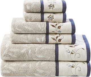 Madison Park Serene Navy 6-Piece 100% Cotton Bath Towel Set - Embroidered Jacquard Floral, 600 GSM Soft Absorbent OEKO-TEX Certified