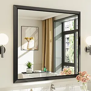 40x38 Inch Black Bathroom Mirror for Wall, Thick Metal Framed Rectangle Mirrors for Over Sink, Bedroom, Living Room, Entryway, Anti-Rust, HD Tempered Glass