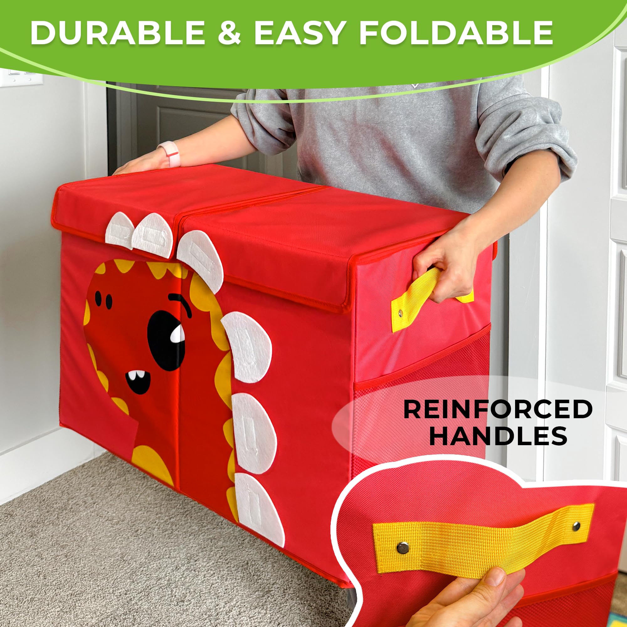 QUOKKA Coffre de Rangement Jouet Enfant - 63x41x33 cm Bac de Rangement Enfant - Dinosaure Coffre a Jouet - Pliable - Poignées - Couvercles Rabattables