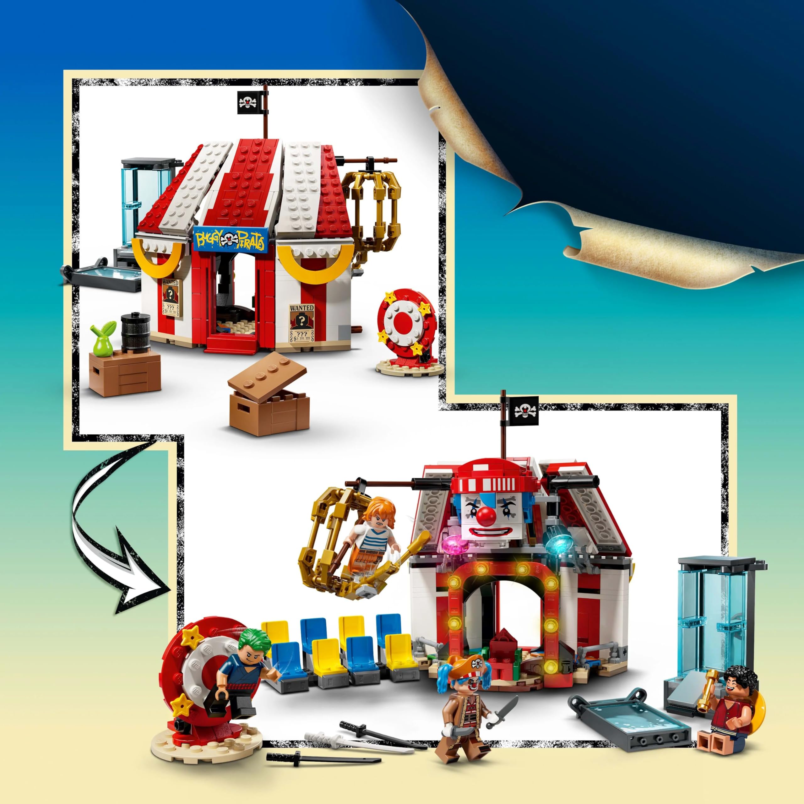 LEGO ONE PIECE La Tenda del Circo di Bagy il Clown - Giocattolo Interattivo con 4 Minifigure tra cui Luffy, Nami e Zoro, e 2 Poster Ricercato - Regalo per Bambini, Bambine e Fan da 8 Anni - 75637