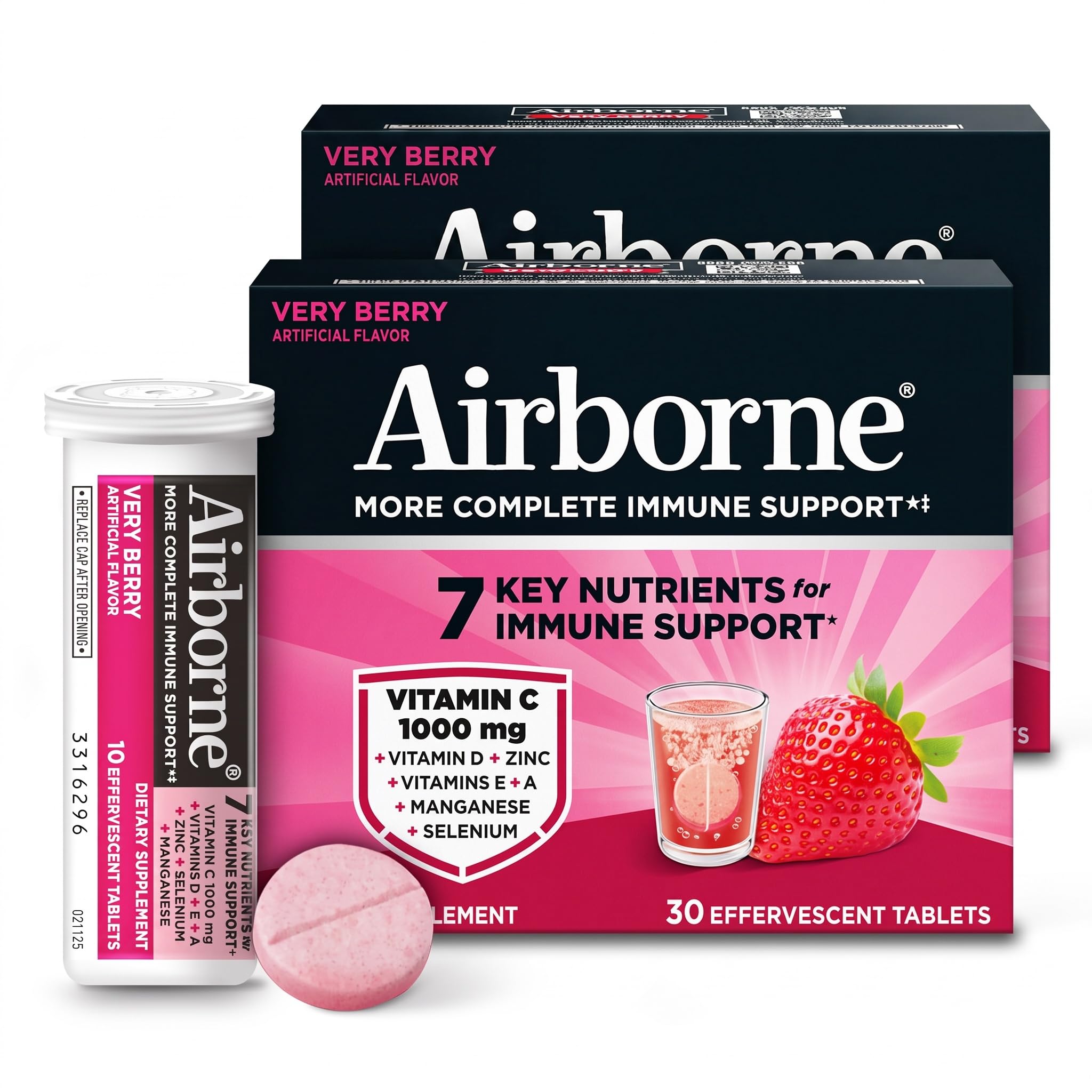 Airborne 1000mg Vitamin C with Vitamin D & Zinc, Sugar Free Multivitamin Immune Support Supplement, Antioxidants Vitamins A C & E, Very Berry Flavor, 30 Tablets