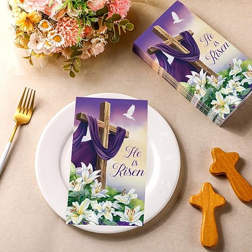 Miniatura 7 de Chiisong 200 servilletas de Pascua con texto en inglés He Is Risen con texto en inglés He Is Risen, servilletas desechables de papel con cruz y