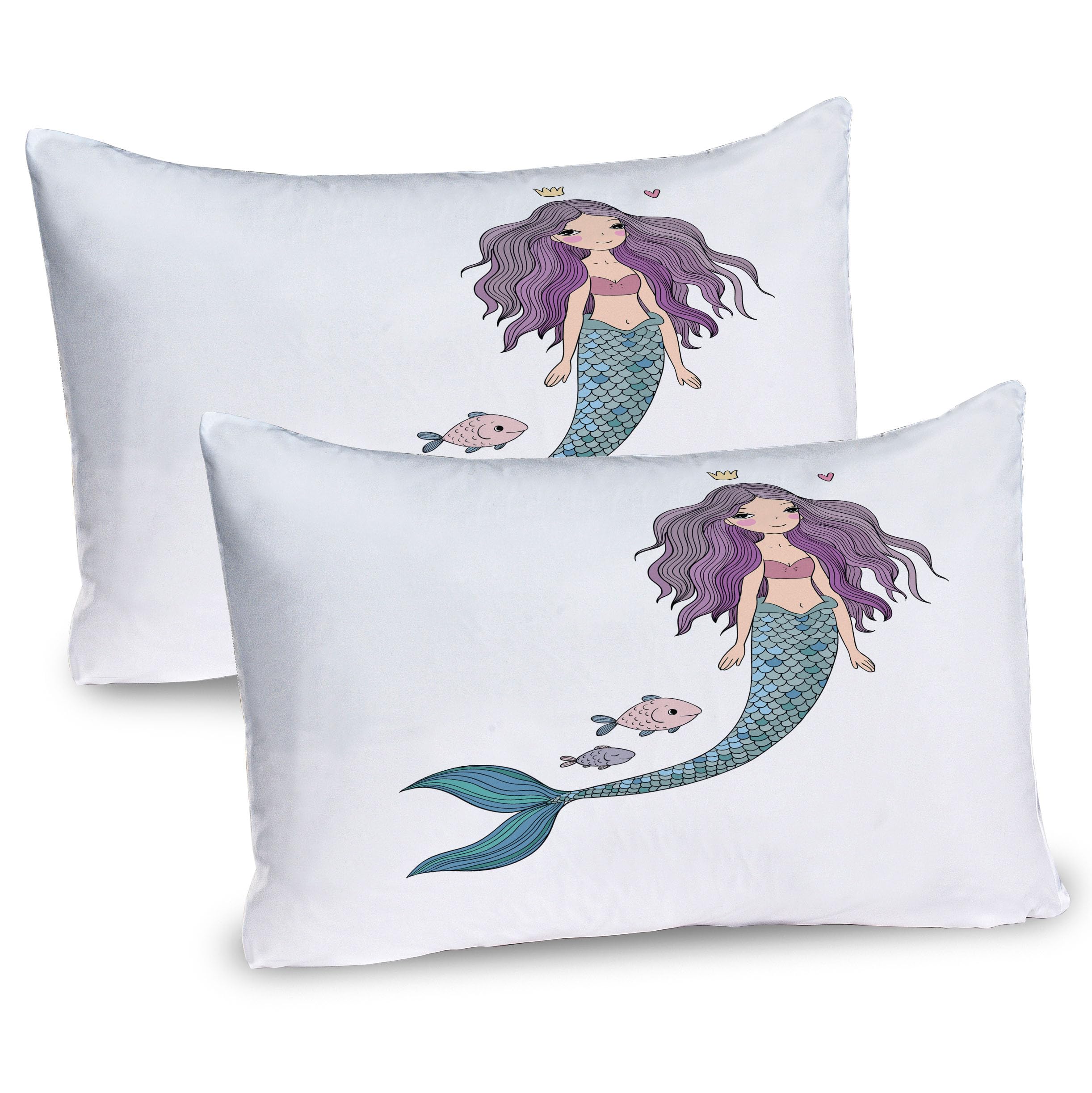 Ambesonne Fantasy Pillow Sham Set of 2, Mermaid Cartoon Wavy Hair Crown Little Pink Heart and Fish, Quality Microfiber Bedding Item for All Seasons, 26